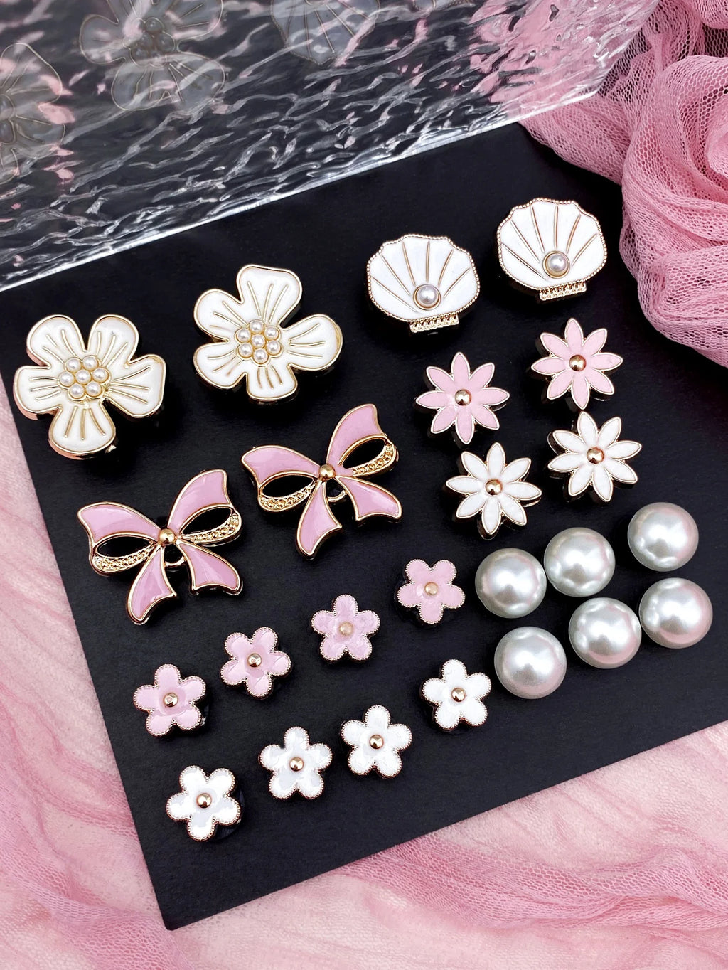 24 pieces of white gold-edged ABS pearl shells, flowers, pink bows, flowers, white flowers, ABS pearl shoe buckle DIY decoration