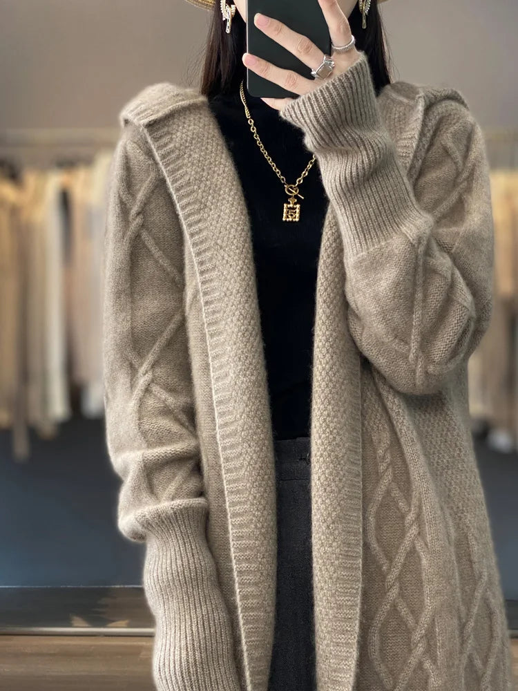 Autumn Winter 100% Merino Wool Women's Cardigan Long Sleeve Sweater Coat Loose Warm Cashmere Knitwear Fashion Female Long Coat