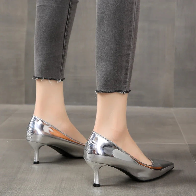2024 New Lady Pointe Toe Gold Silver Pumps Female Wedding Bridal Shoes  Fashion Women Patent Leather High Heels Plus Size 45