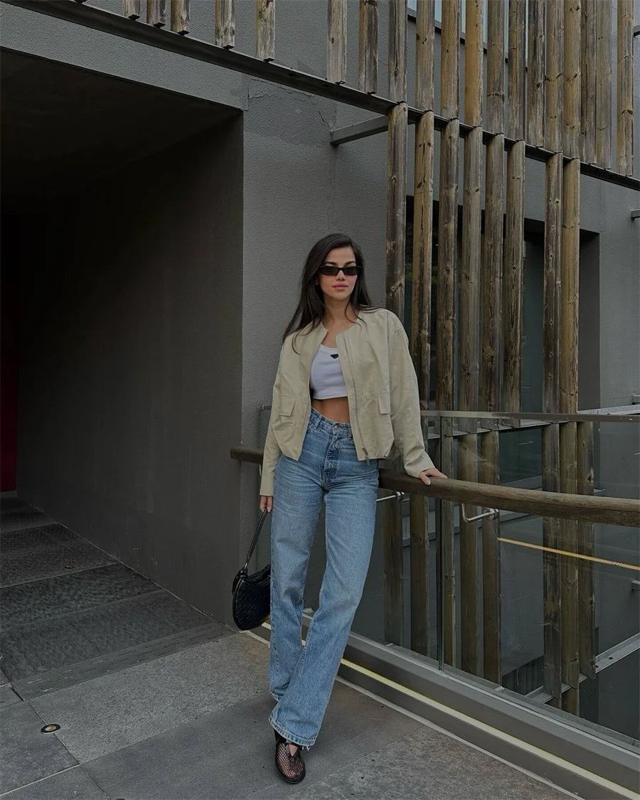 2025 Autumn Fashion Pocket Windbreaker Jackets Women Loose Crewneck Chic Outerwear Coat Female Short Jacket Mujer Clothes