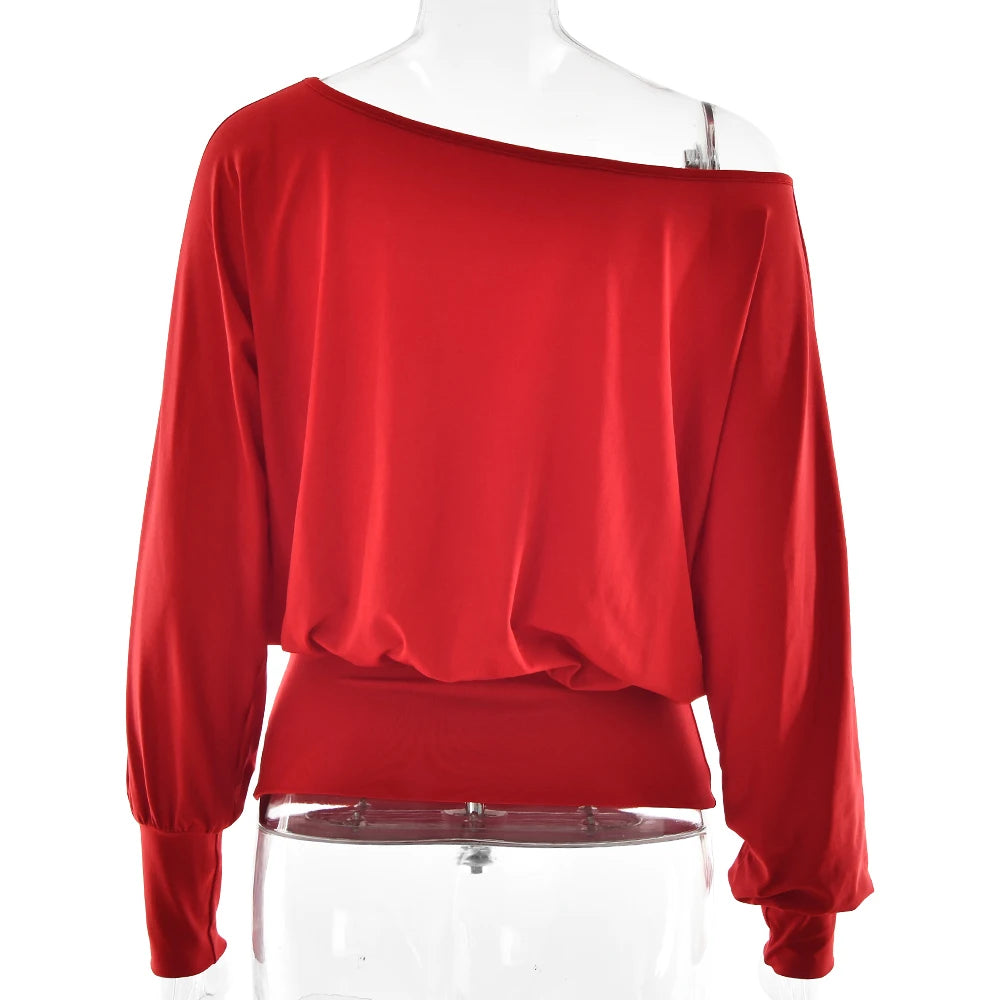 Oniflyme Inclined Shoulder Long Sleeve Crop Tops Women Fashion Streetwear Solid Off Shoulder Casual T-shirts Female Sexy Tee Top