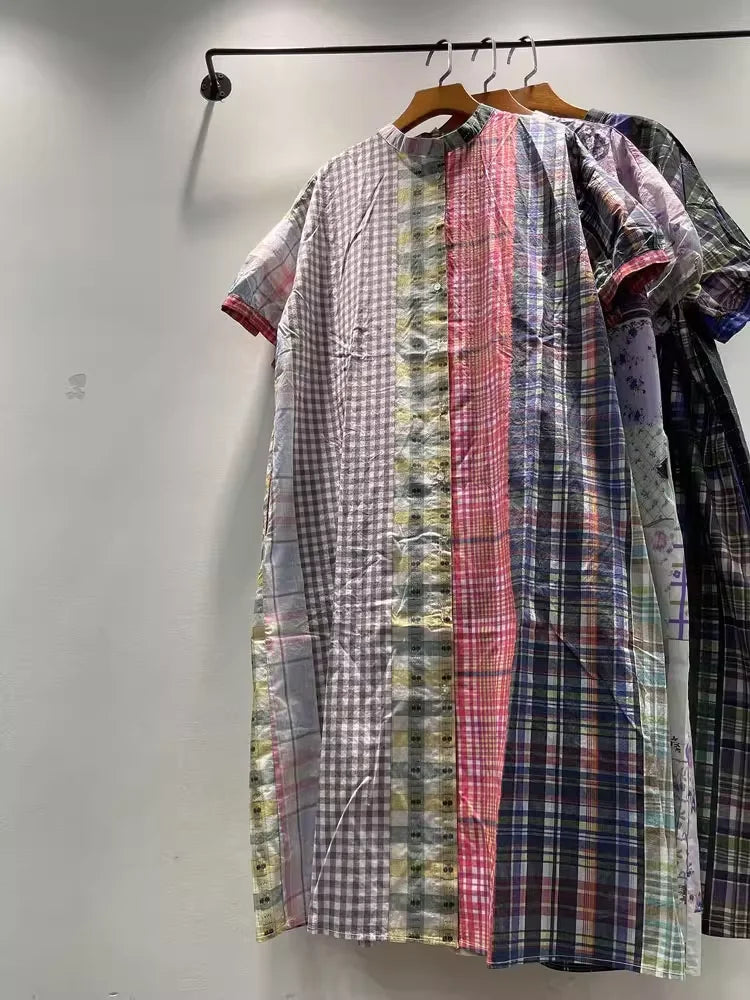 Women's plaid shirts casual 100% cotton long shirt dress for women Japan fashion short sleeve mid-length plaid patchwork shirt