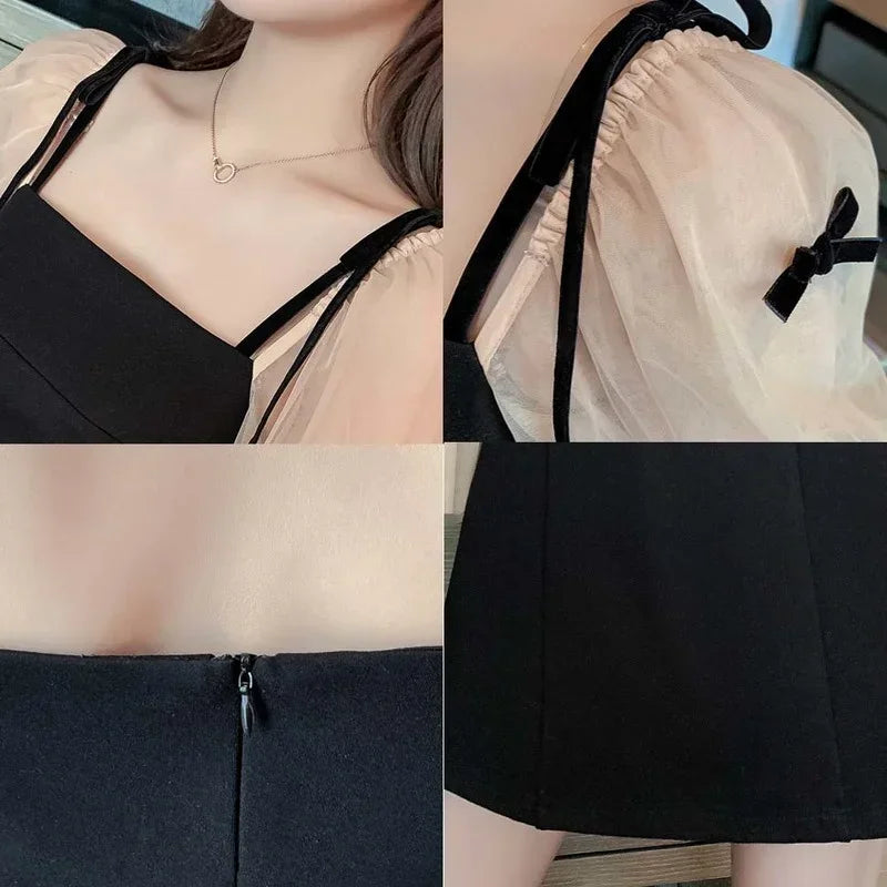 Flare Sleeve Evening Dress for Women Black Elegant Bow Mesh Patchwork Luxury Temperament Famous Lady Aesthetic Платье Женское