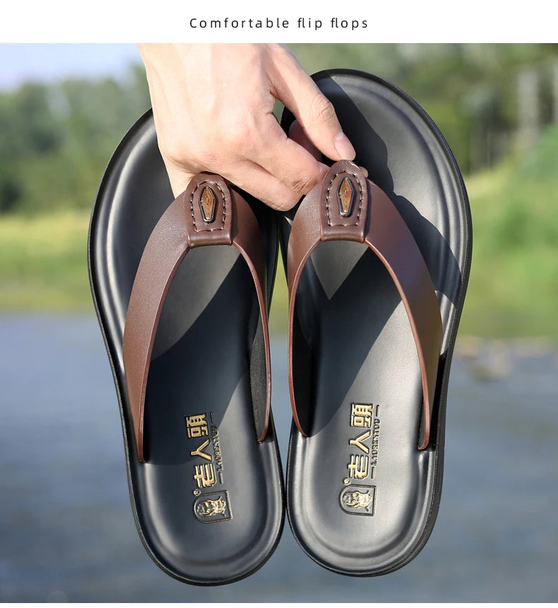 LAORENTOU slippers, men's genuine leather, Korean version, clip on flip flops, men's sandals, cowhide soft sole, anti slip