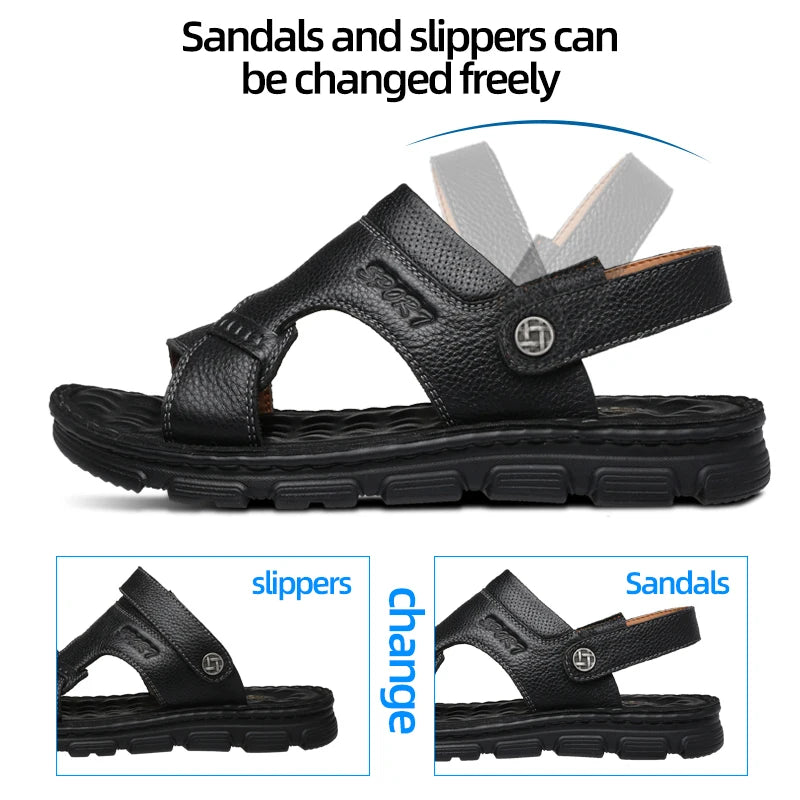 LAORENTOU cowhide breathable outdoor leisure beach shoes, anti slip thick sole leather sandals for external wear