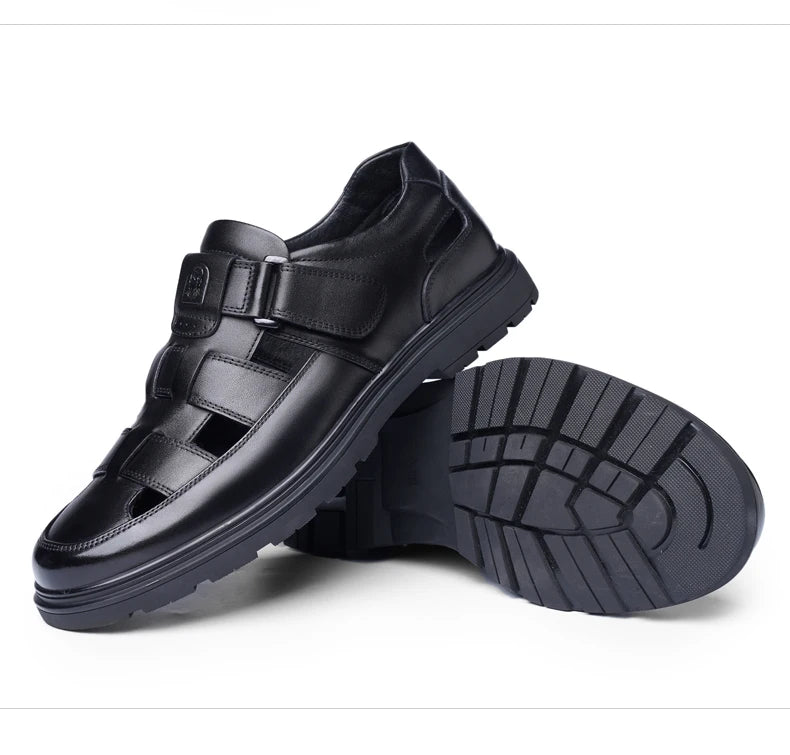 LAORENTOU leather sandals, men's breathable hollow hole shoes, toe wrapped cowhide, anti slip and wear-resistant casual  shoes