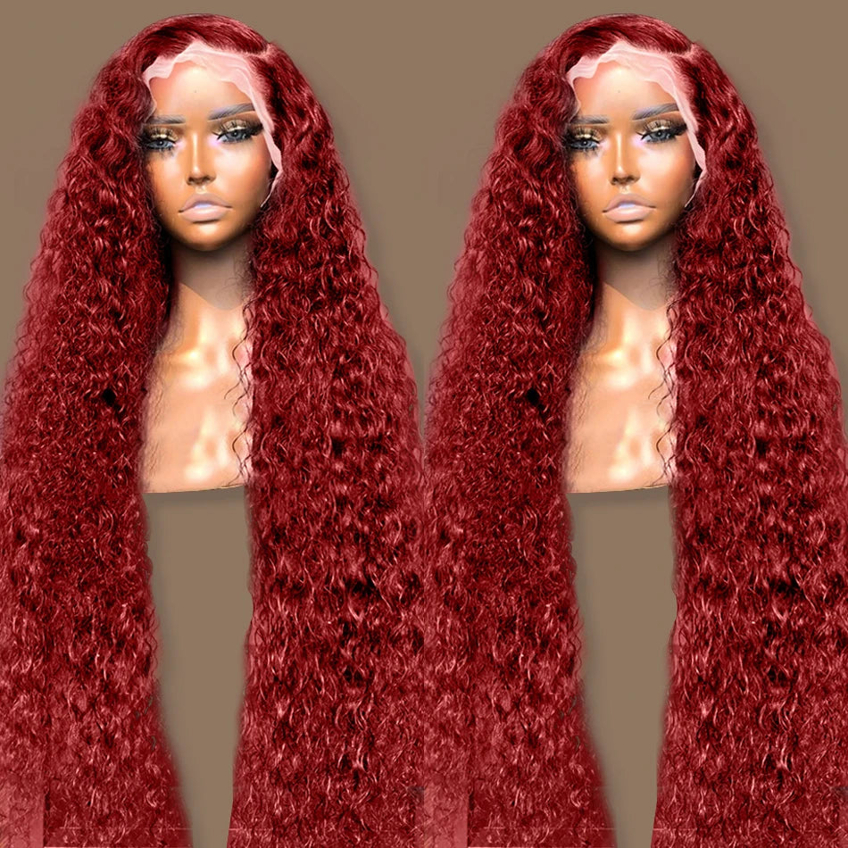 40Inch 99J Burgundy Water Curly 13x4 Glueless Lace Frontal Wig 250% Deep Wave HD Transparent Lace Front Wig Human Hair For Women