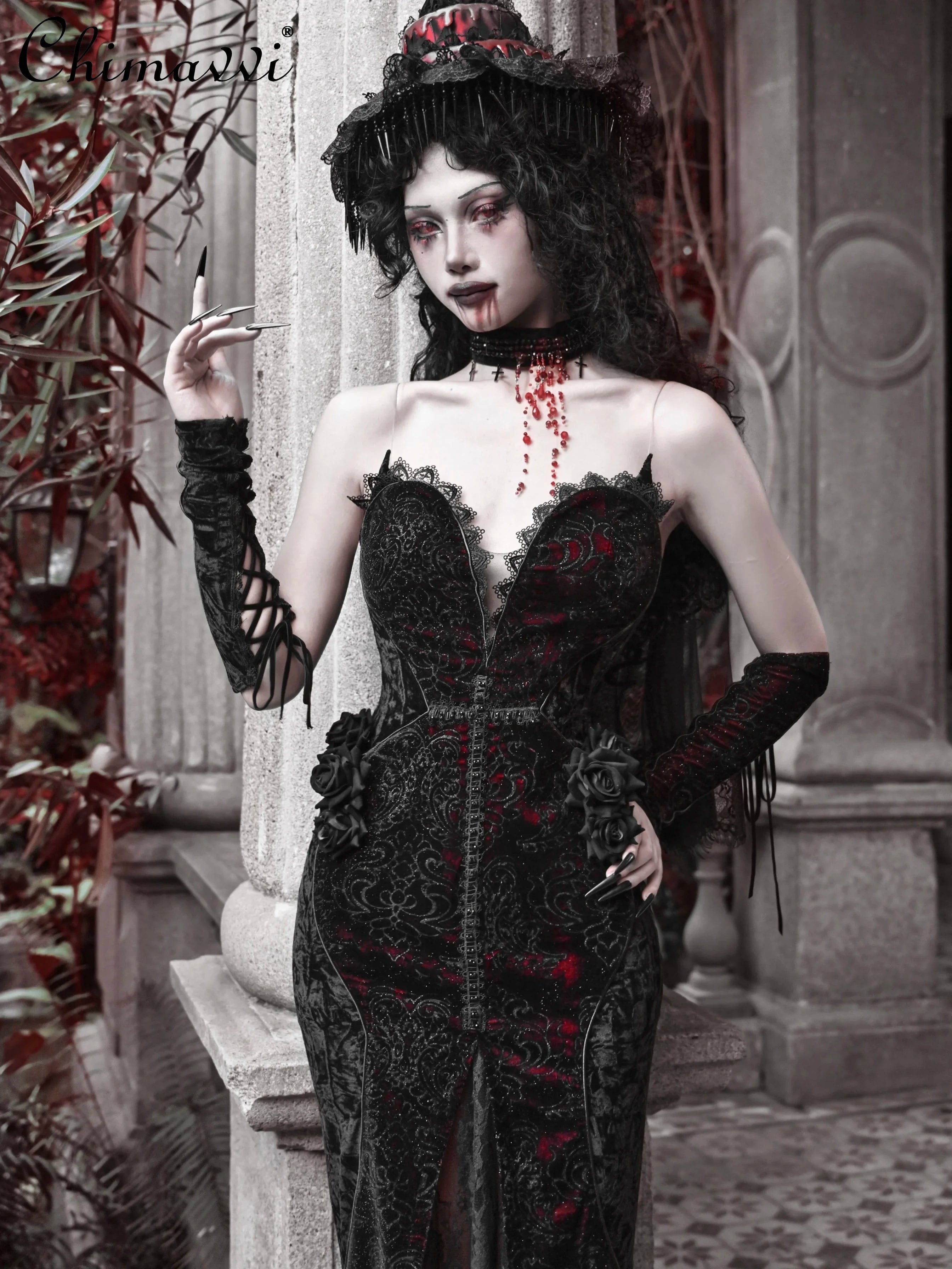 Original Gothic Love Velvet Flash Fishtail Dress 2025 Autumn New Japanese Sexy Girl Slim Elegant Long Halloween Lolita Dresses