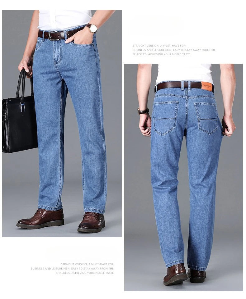 100% Cotton Men's Brand Thin Business Jeans Straight Slim Classic Male Trousers Fashion Casual Breathable Summer Denim Pants