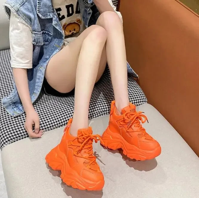 Autumn Orange Platform Sneakers Thick Sole Wedge Heels Women Casual Shoes Lace-up Slip On 2025 Ladies Height Increasing Shoes