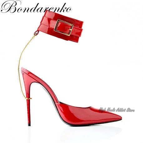 Hot Chic Pointy Toe Red Leather Metal Chain Pumps Women Black High Heels Luxury Design zapato Ankle Warp Sexy Sandalias Shoes