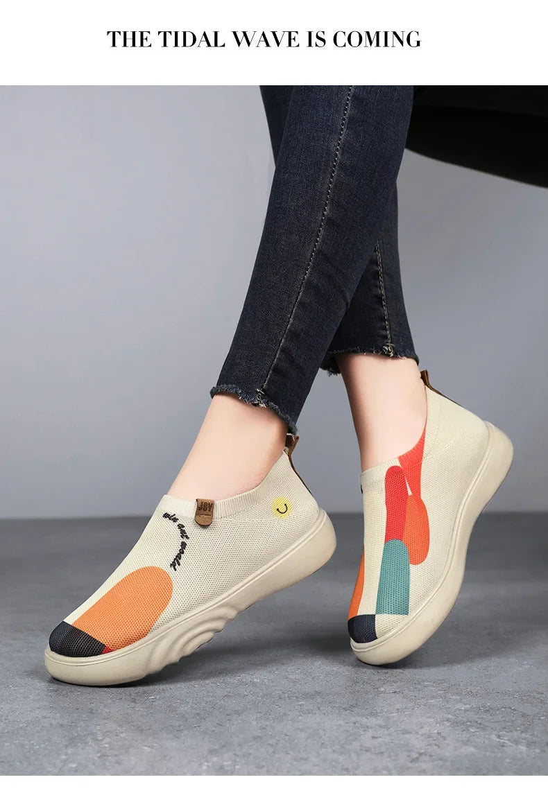 Spring and summer women's breathable knitted sports shoes, casual sponge shoes, lightweight mesh low top shoes  platform boots