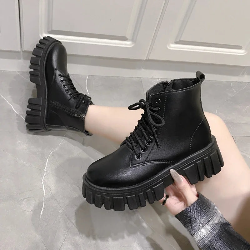 2024 White New Women Ankle Boots  Autumn Winter Platform Zipper Women Punk Boots Thick Sole Lace Up Combat Booties Female Mujer