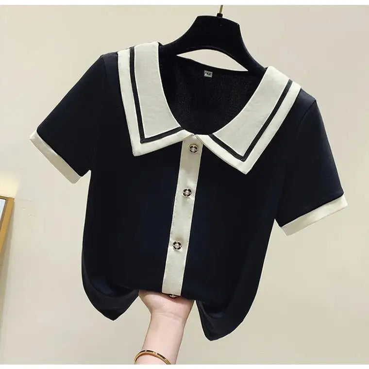Summer Elegant Loose Polo-neck Knit Pullover Women Fashion Patchwork Button Short Sleeve T-shirt Office Lady Chic Tops 40-100Kg