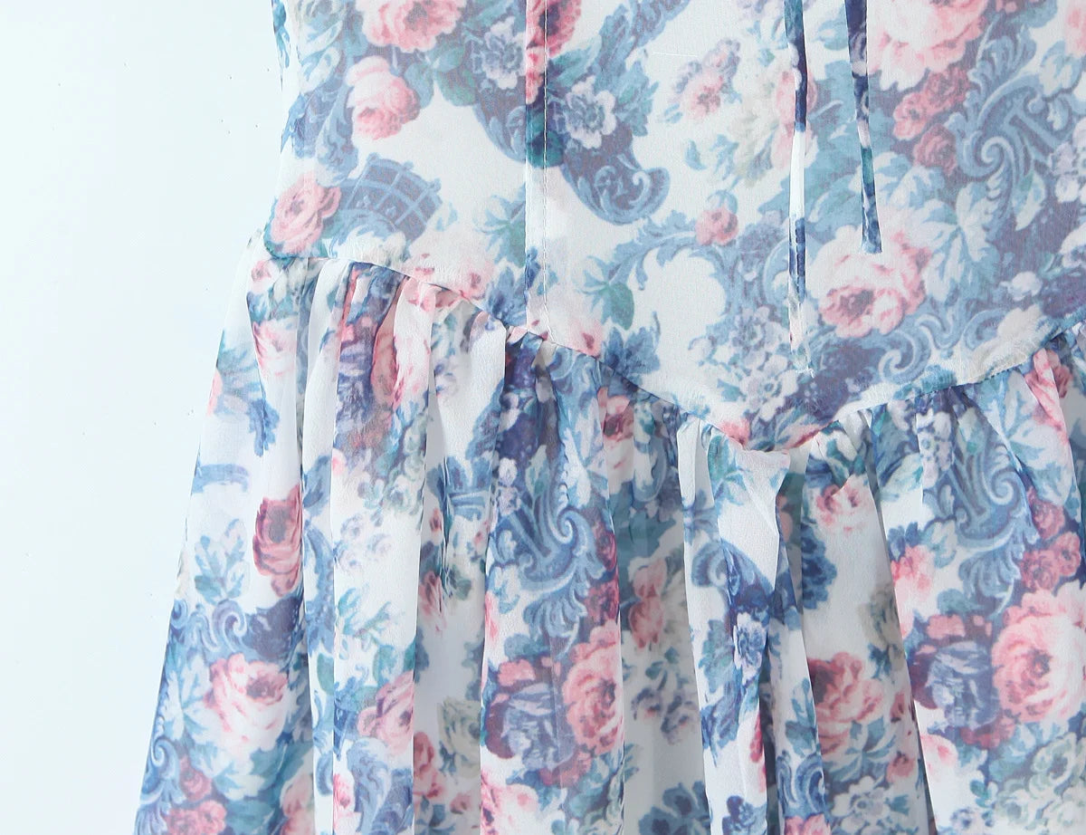 YENKYE Boho Blue Floral Print Mini Dress Women Puff Sleeve Lace Spliced A-line Beach Holiday Summer Dresses 2025 Short Robe