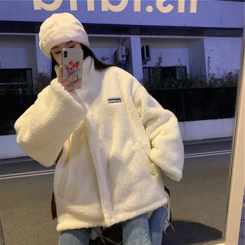 Women Winter Thicken Lamb Wool Coat Faux Fur Warm Stand Collar Outerwear Female Zipper Loose Jacket Full Sleeved Sweatshirts