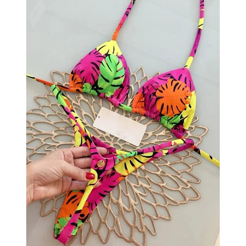 Sexy Bikini Set Bathing Suit Women Vintage Print Halter Lace-up Thongs Bikini Push Up Y2k Fashion Chic Beach Style Sexy Swimsuit