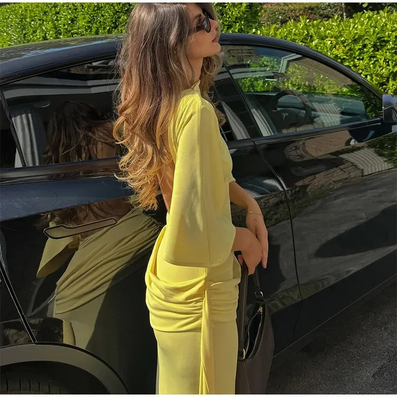 Irregular Yellow Backless Maxi Dress Women's Elegant Half Sleeve Split Slim Fit Pleated Robes 2025 Lady Evening Party Gowns New