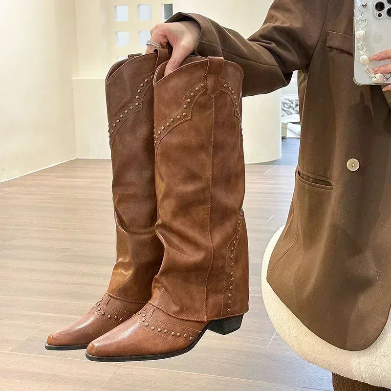 Woman Cowgirl Boots Fashion Slip on Ladies Elegant Square Heel Long Pipe Botas Shoes Retro Women's Spring Autumn Boot Footwear