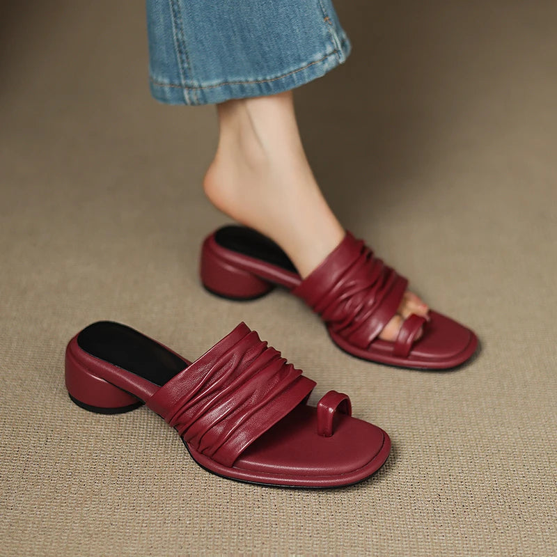 2025 NEW Summer Women Mules Genuine Leather Shoes for Women Open Toe Med Heel Shoes Slippers Pleated Modern Sandals