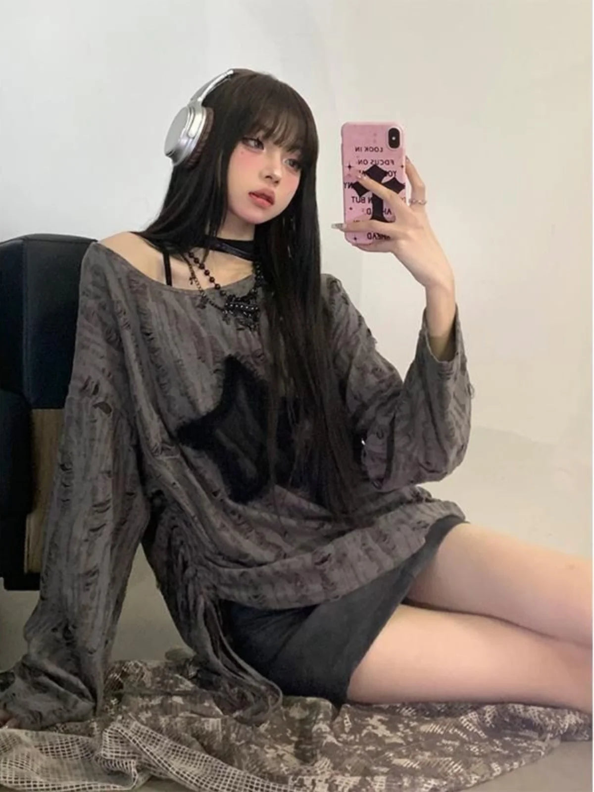 New 2025 Japanese Sle Dstring Spicy Girl T-irt Women's Spring Autumn Star Hole Loose Long Sve Top Fem Faion