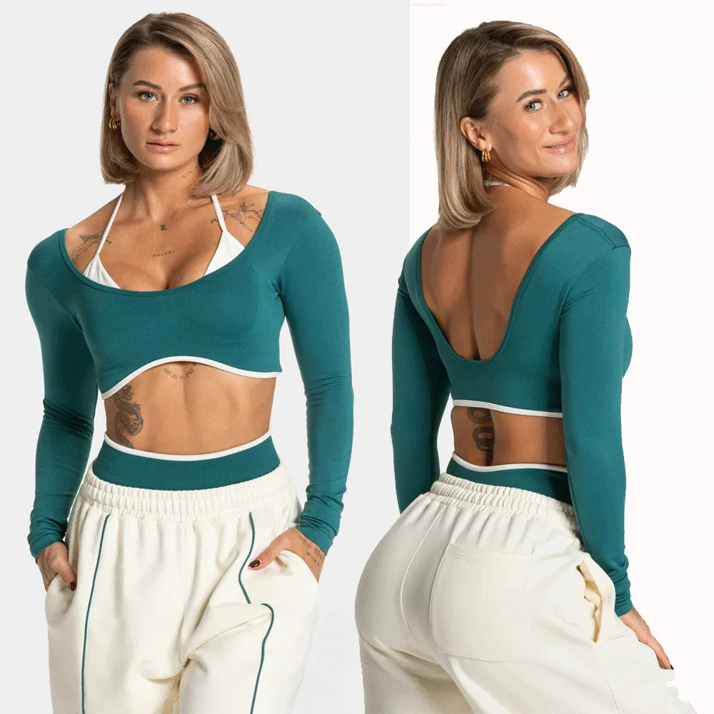 Seamless Fake Two-piece Long Sleeved Yoga Top  Women's Running and Fitness Sports Top Suit Top