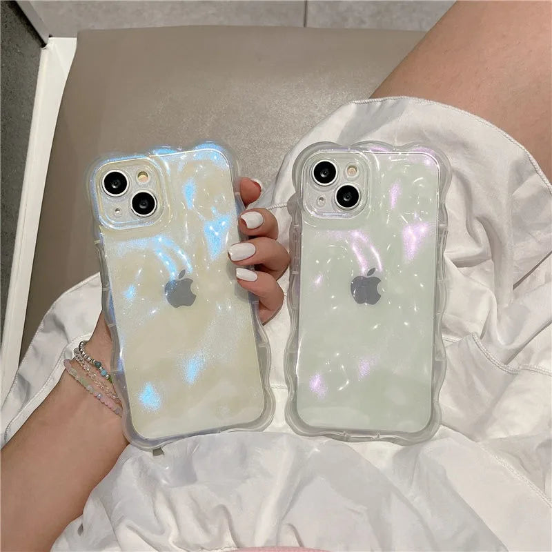 Transparent 3D Bubbles Shape Curly Shiny Phone Case For iPhone 17 Pro Air 15 16 Plus 14 13 12 Pro Max 11 Meteorite Wave Cover