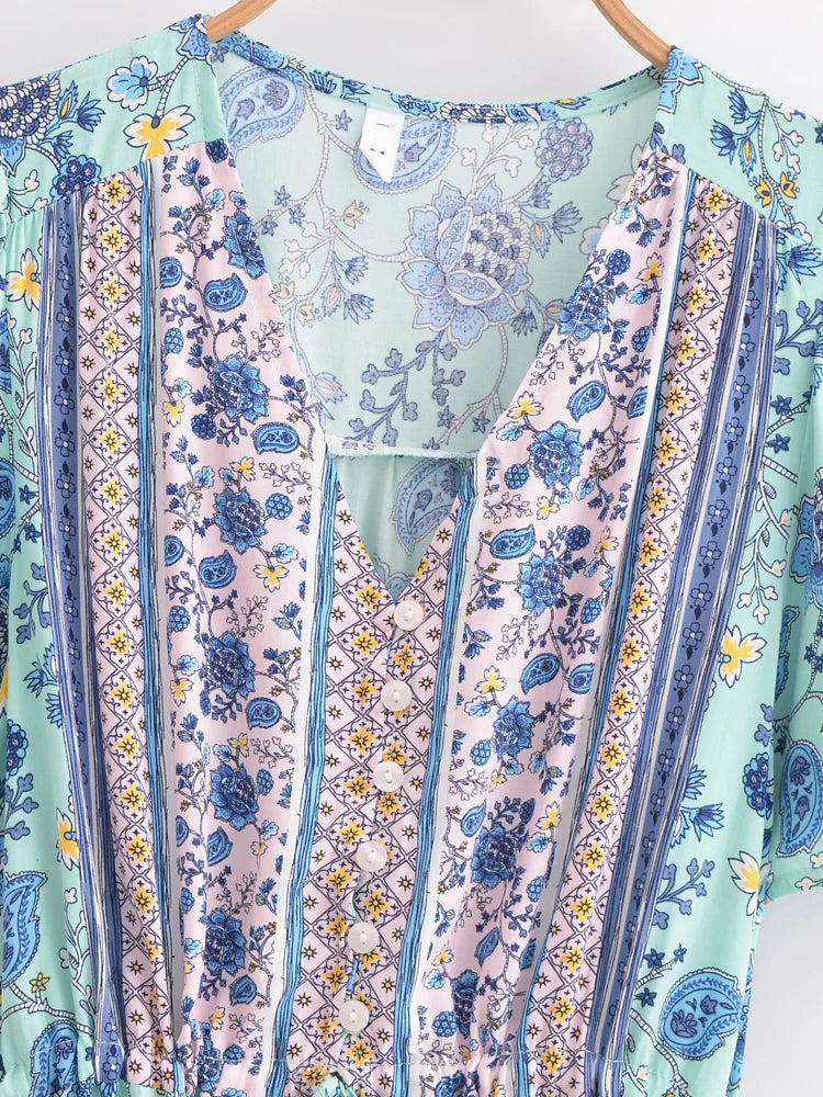 Boho Queens Women Wild Floral Print Deep V-neck Summer Bohemian Mini Dresses Robe Lady Short Sleeve Beach Boho Dress Vestidos