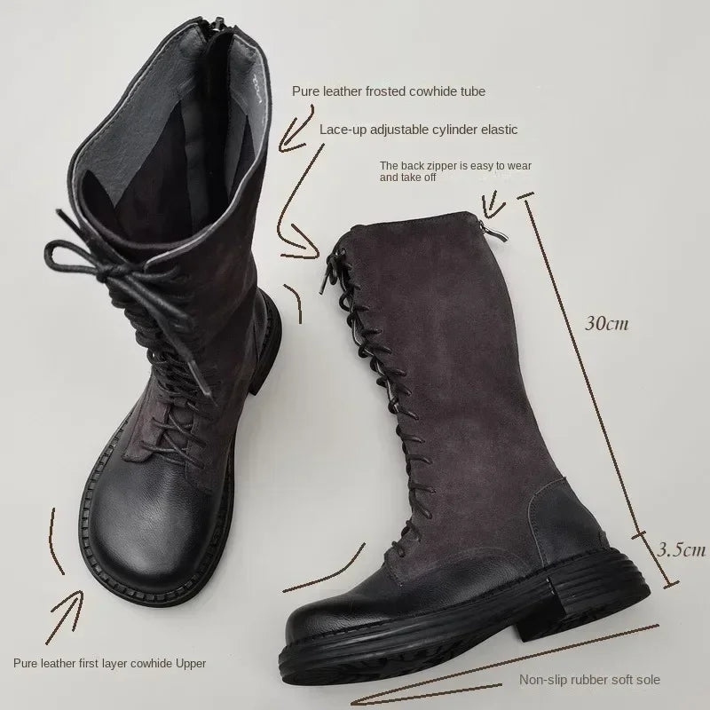 Autumn 2024 Shoes Long Noses Riding Boots Natural Leather Wide Toe Women's Boots Kne-High Cowhide Suede Single Lace-up booties