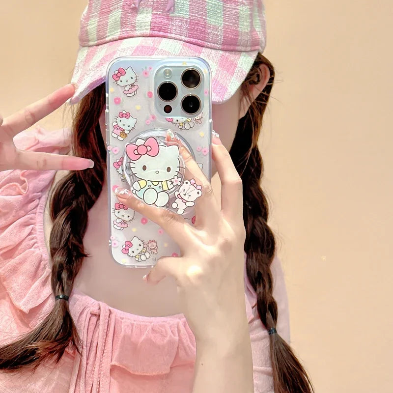Cute Cartoon Sanrio Hello Kitty Magnetic Holder Magsafe Wireless Charge Phone Case For iPhone 15 14 13 12 11 Pro Max Hard Cover