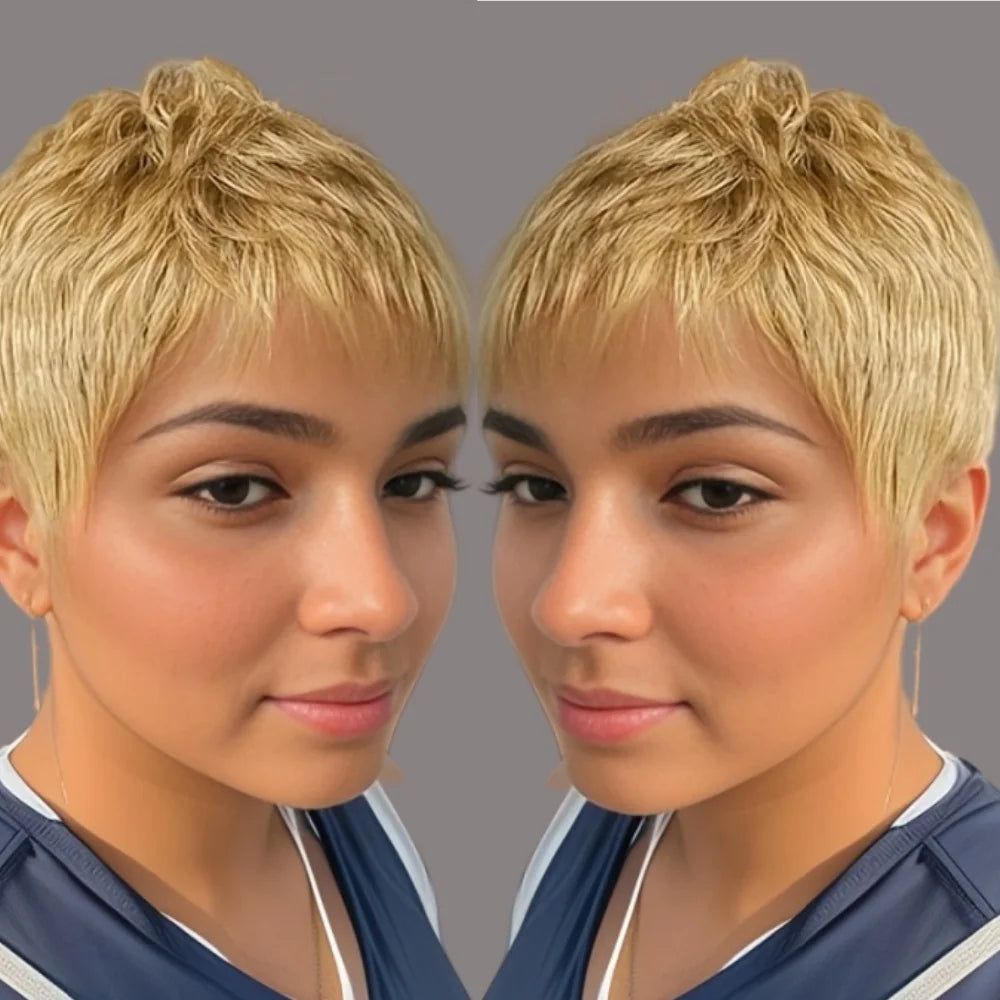 Brazilian Remy Human Hair Pixie Cut Wig Wave Full Machine Made wig Layered Wig Natural Look for Women