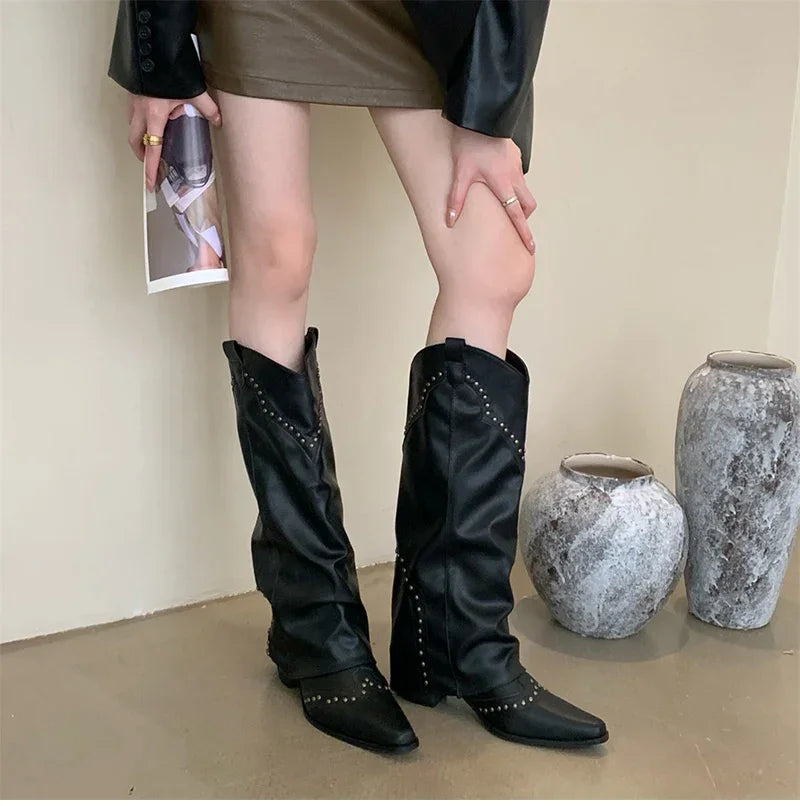 Woman Cowgirl Boots Fashion Slip on Ladies Elegant Square Heel Long Pipe Botas Shoes Retro Women's Spring Autumn Boot Footwear
