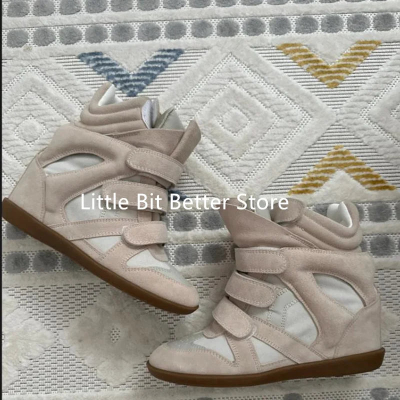 A Genuine Leather Casual Shoes Women's 2026 Summer Breathable Hollow Hidden Wedges Sneakers Hook Loop Trainers High Top