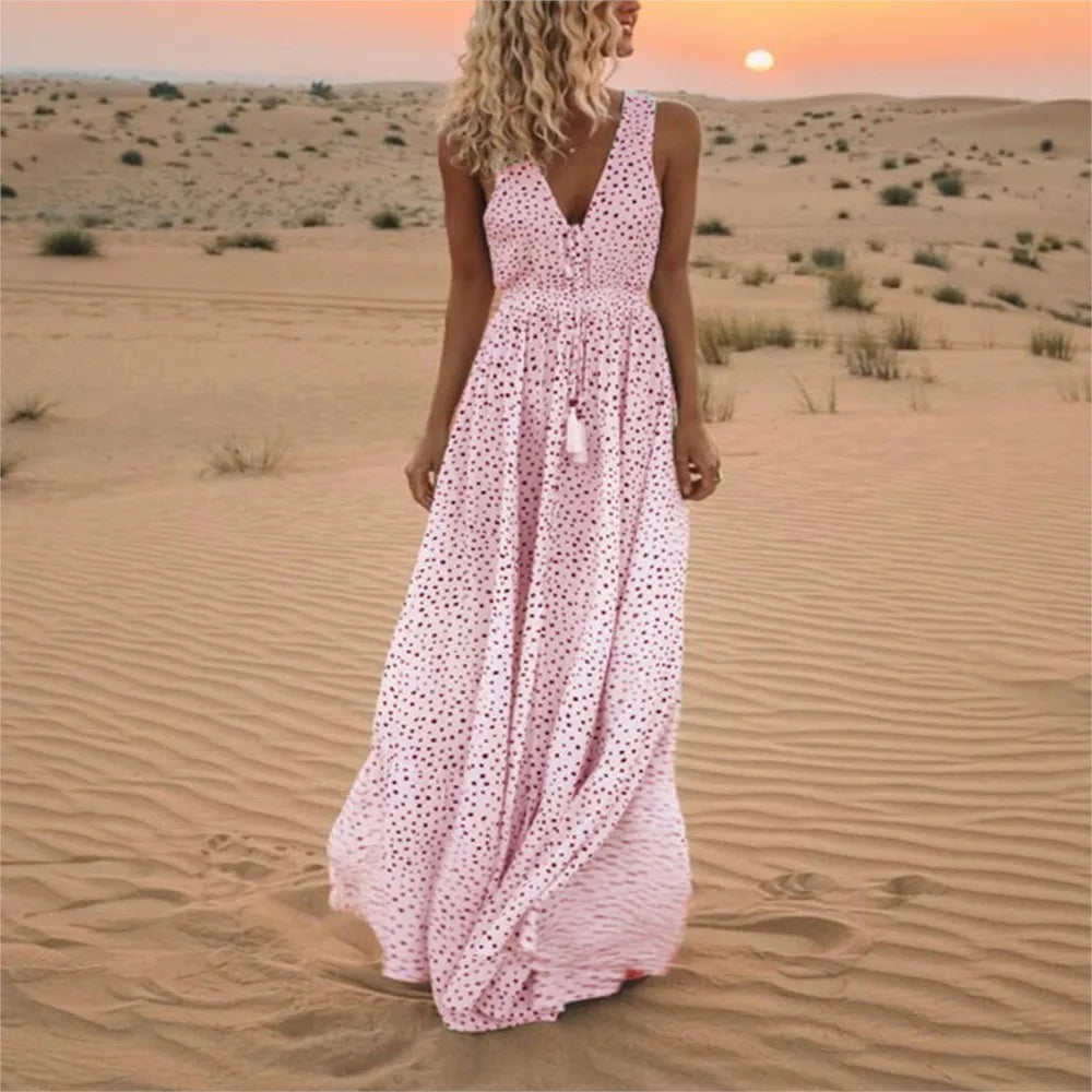 Fashion Print Sleeveless Long Dress 2025 Summer Casual Boho V Neck Loose A Line Dress Elegant Beach Party Dress Robe Femme