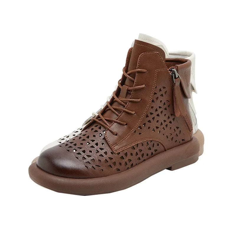 Leather Boots Woman 2025 Retro Leather Hollow Boots for Women Platform-soled Double-side Zipper Casual Short Boots Women's Shoes