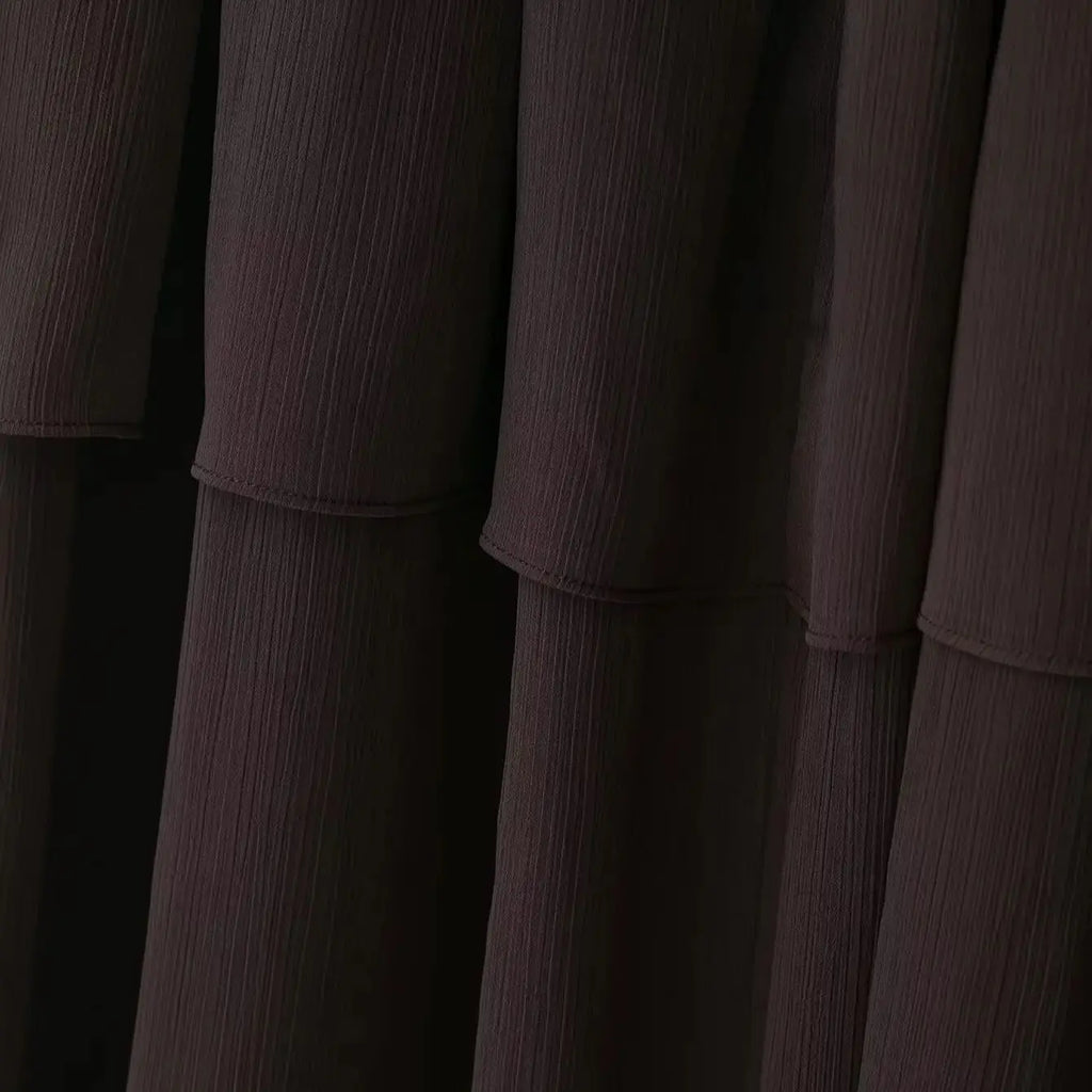 New High Street Women Brown Ruffled Pleated Midi Skirt High Elastic Waist Female Chic Lady Long Skirts