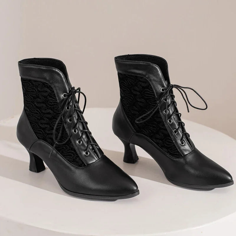 Women Victorian Ankle Boots Leather Lace Heel Shoes for women  Fashion Lace Up Spliced Ladies High Heels Woman Boots Ankle 46