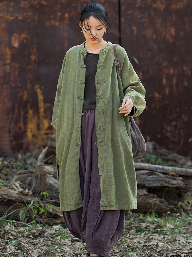 Women Casual Long Jackets New Arrival 2024 Autumn Vintage Style Stand Collar Solid Color Loose Female Cotton Linen Coats M244