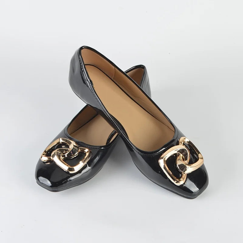 2024 Laidies Geometric Decoration  Comfortable Square Toe Flat  Casual  Spring Autumn Black  Patent faux leather Flat Ballerinas