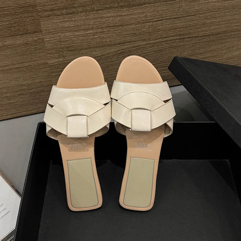2025Summer New Style Women's Designer Brand Open Toe Flat Slippers Woven Comfortable Women's Shoes Casual Slippers Women's Shoes