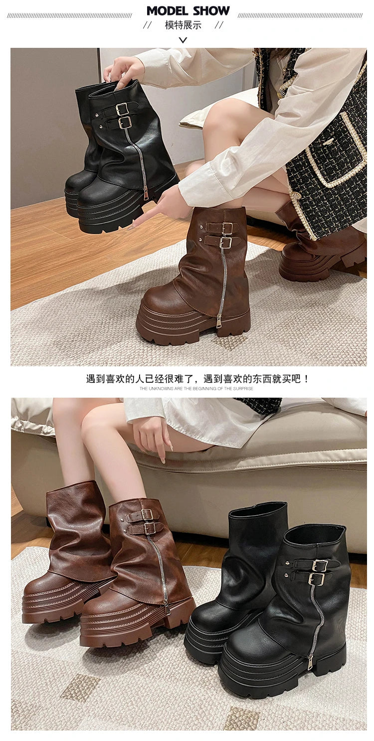 10CM Winter Warm Chunky Short Boots Women High Heels New Mid Calf Leather Sneakers Trend Buckle Motorcycle Boots Fur Snow Shoes