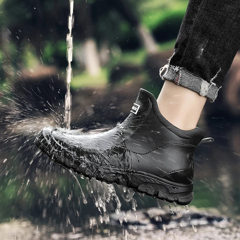 Fashion Contrast Color Black Red Sole Short Rain Boots Men's Outerwear Versatile Non-slip Wading Khaki Rubber Shoes Work Shoes