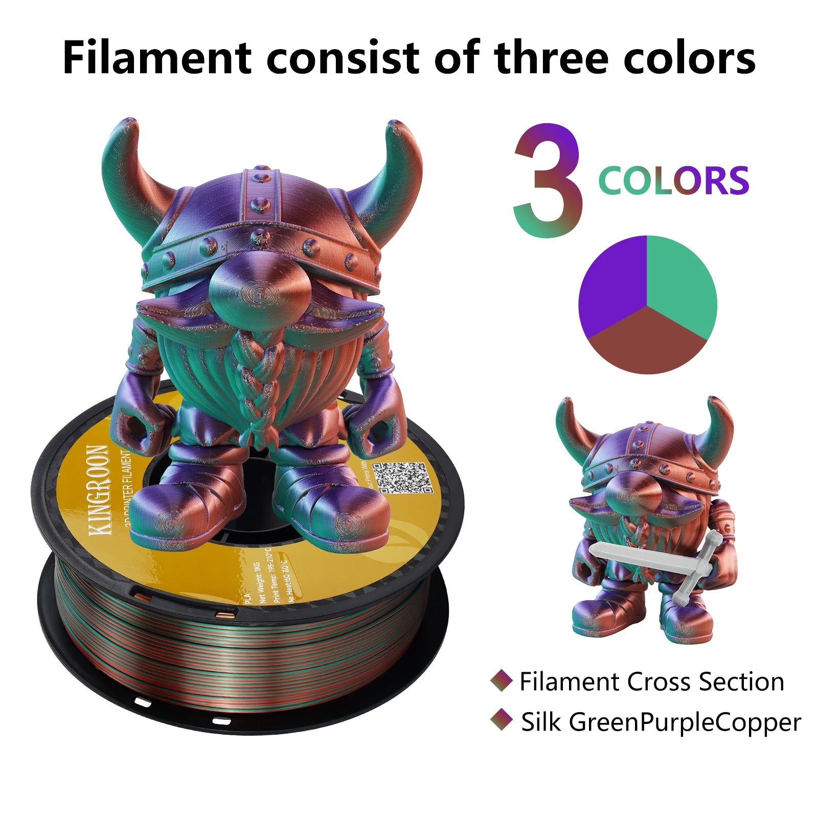 KINGROON Silk Tricolor PLA Filament 3D Printer 1.75mm 2.2 /8.8 lbs Silk PLA Filament Plastic Materials 3D Printing Special Color