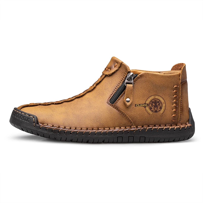 CLOHOO Hand-Sewn High-Top Men's Casual Shoes Comfortable Business Boots Solid Color Office Boots with Zipper