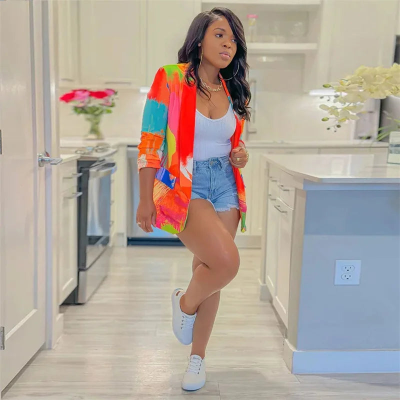 Streetwear Tie Dye Print Blazer Coat for Women Jacket 2023 Elegant Blazers Ladies Outerwear Stylish Y2K Tops Casaco Feminino