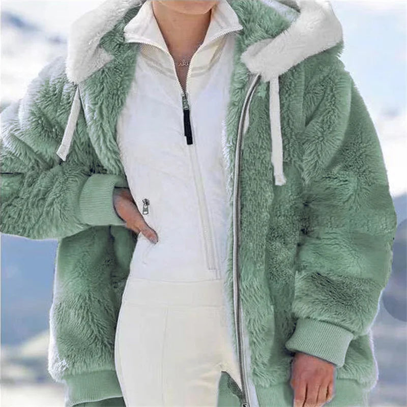Women Winter Warm Faux Fur Jacket Plush Coat New Casual Hooded Fashion Zipper Soft Fleece Cashmere Jackets Female Thick Clothing