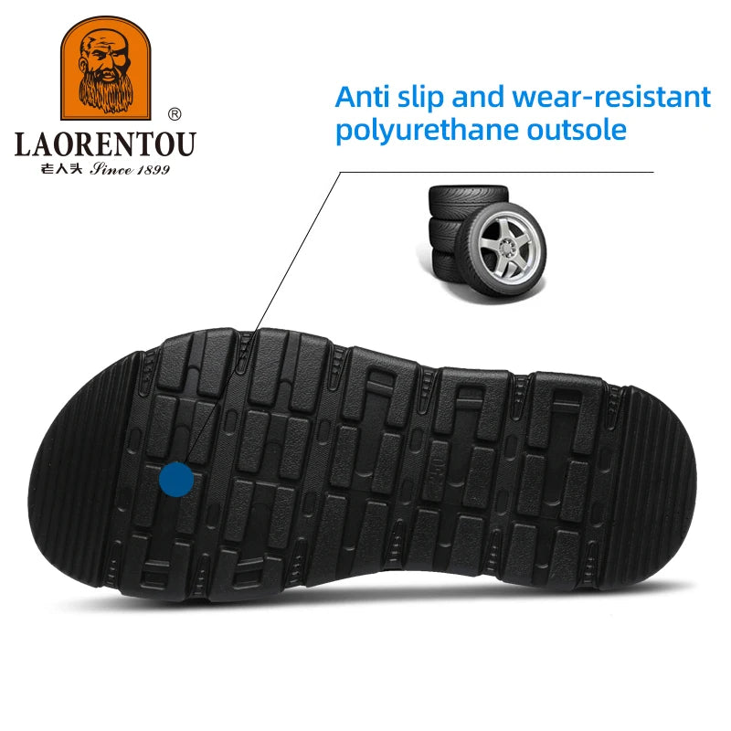 LAORENTOU cowhide breathable outdoor leisure beach shoes, anti slip thick sole leather sandals for external wear