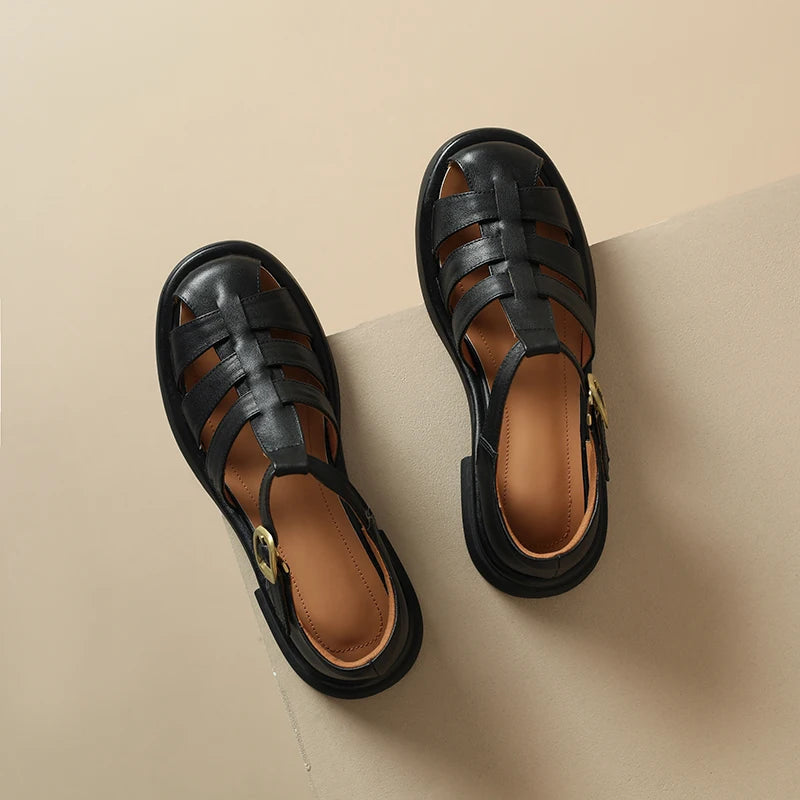 New Summer Sandals Genuine Leather Luxury Roman Sandals Casual Buckle Strap Summer Shoes GLADIATOR Thick Heel Women Shoes