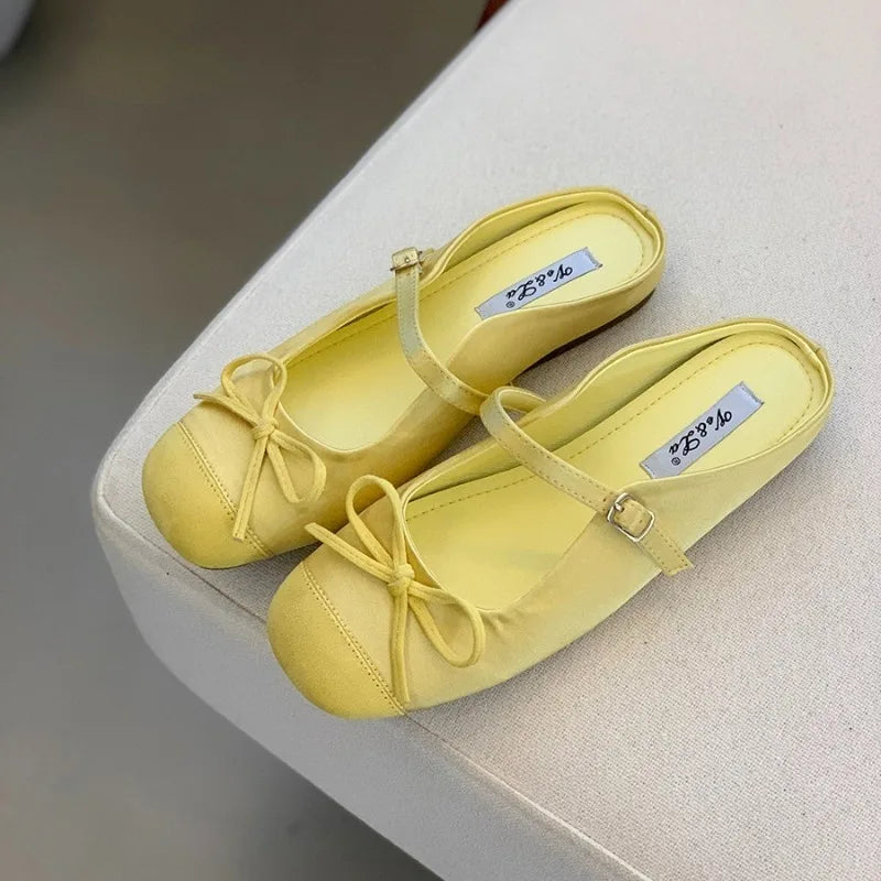 New Style Luxury Satin Silk Ballet Shoes Woman Classic Square Toe Bowtie Elastic Band Ballerina Flats Ladies Soft Loafers