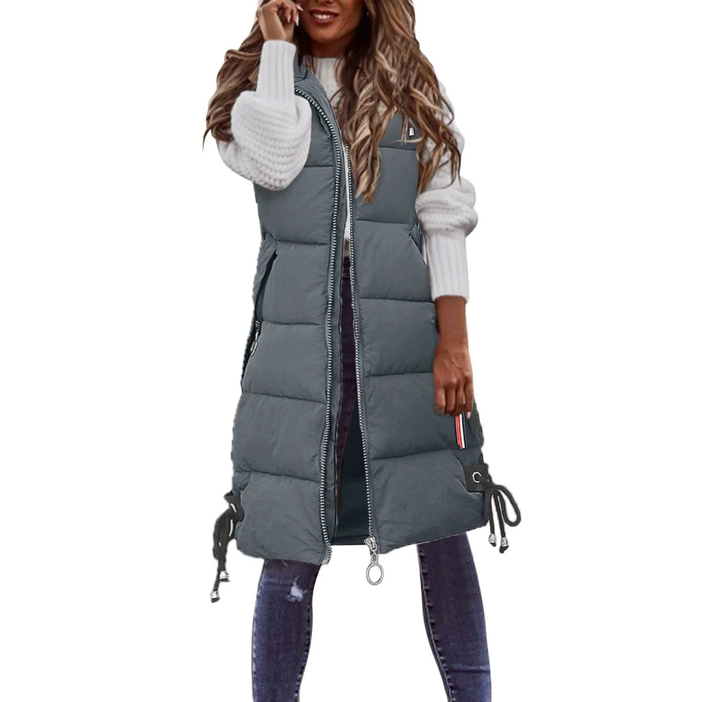 Women'S Autumn And Winter Temperament Sleeveless Cardigan Mid-Length Cotton Vest Vest Coat Abrigos Mujer Invierno Chamarras Muje